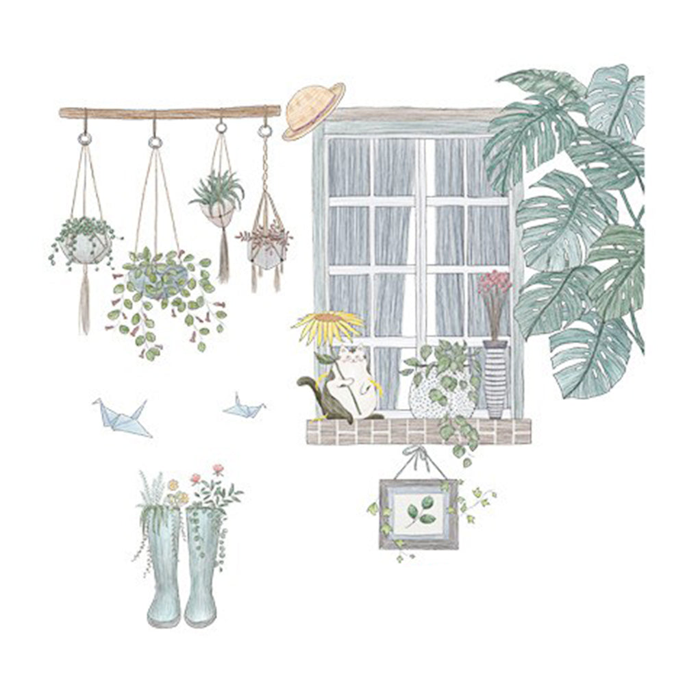 2X Wall Sticker Cat Wall Sticker Green Leaves Plant Decals Wallpaper Home Decor