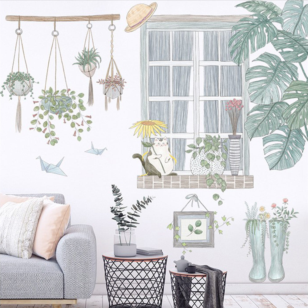 2X Wall Sticker Cat Wall Sticker Green Leaves Plant Decals Wallpaper Home Decor