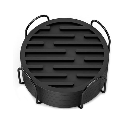 6X Round Silicone Drinks Coasters Coffee Cup Mats Pad with Coaster Holder Black