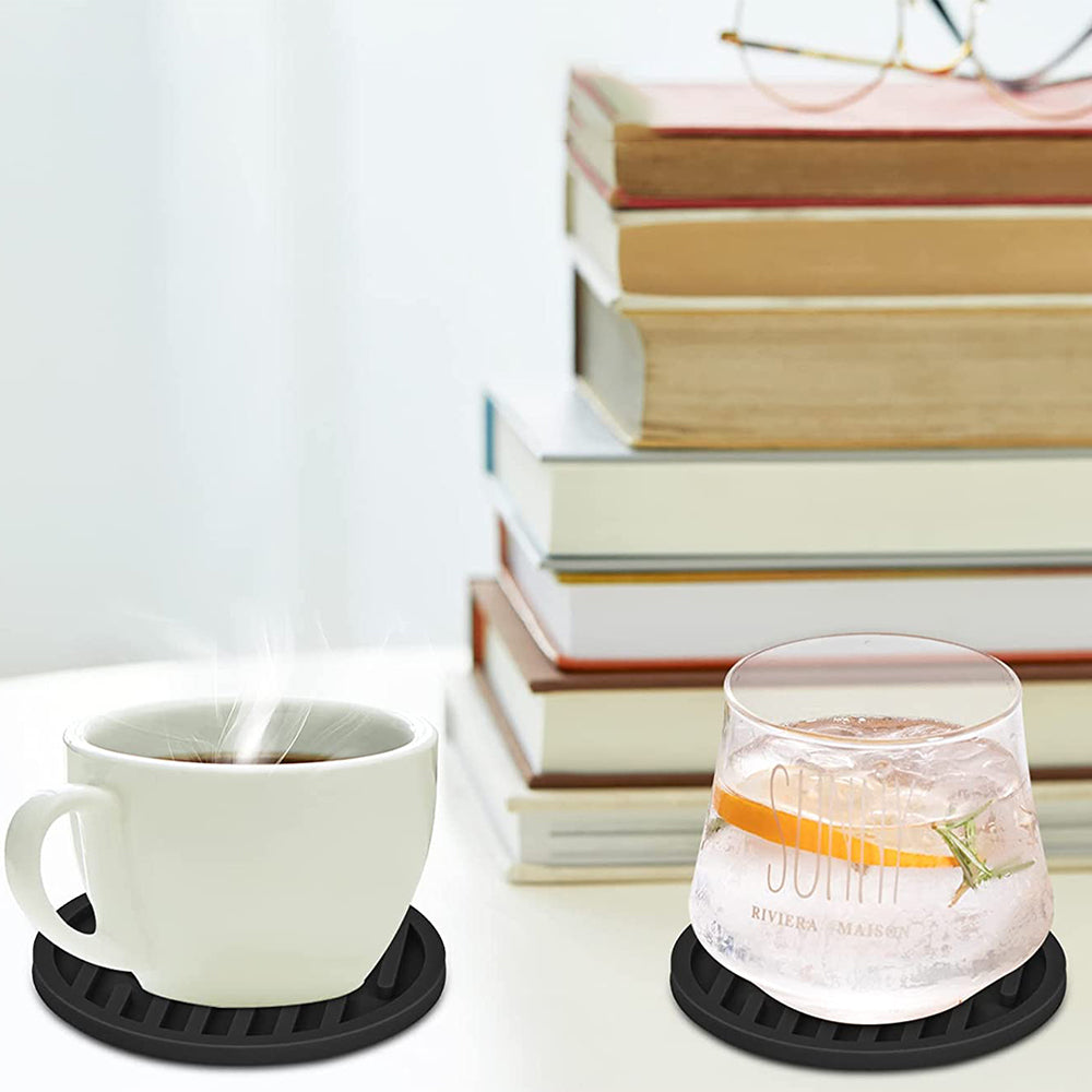 6X Round Silicone Drinks Coasters Coffee Cup Mats Pad with Coaster Holder Black