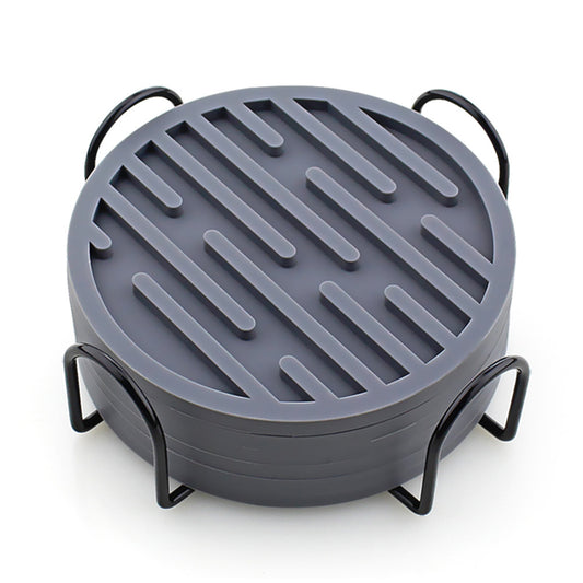 6X Round Silicone Drinks Coasters Coffee Cup Mats Pad with Coaster Holder Grey