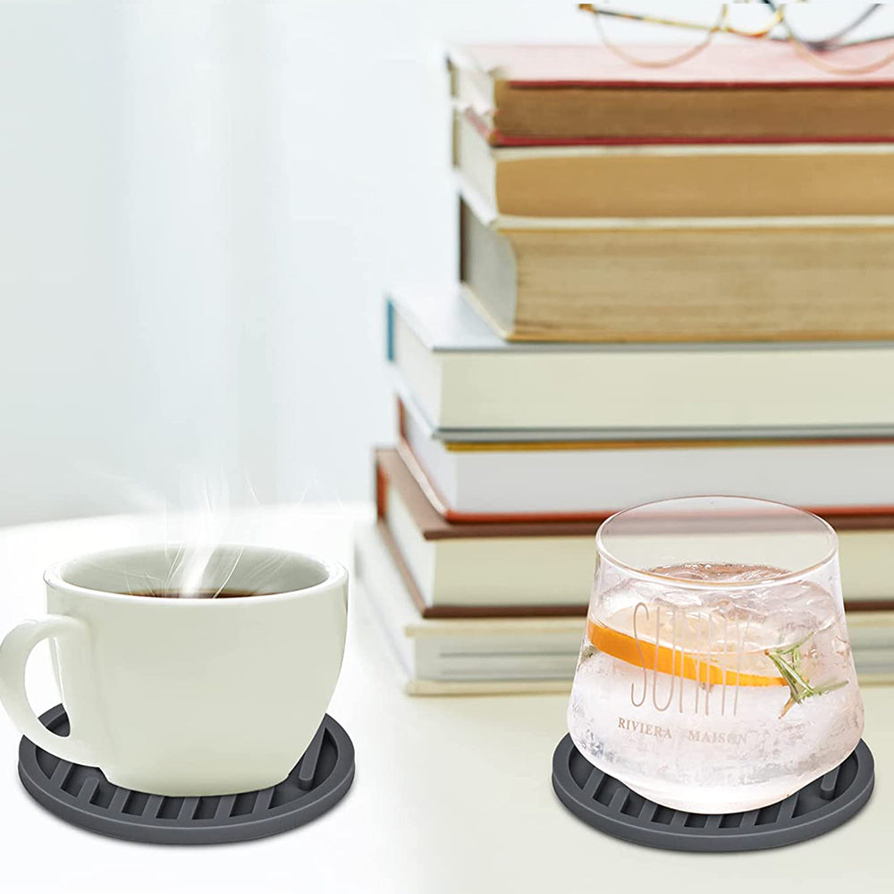 6X Round Silicone Drinks Coasters Coffee Cup Mats Pad with Coaster Holder Grey