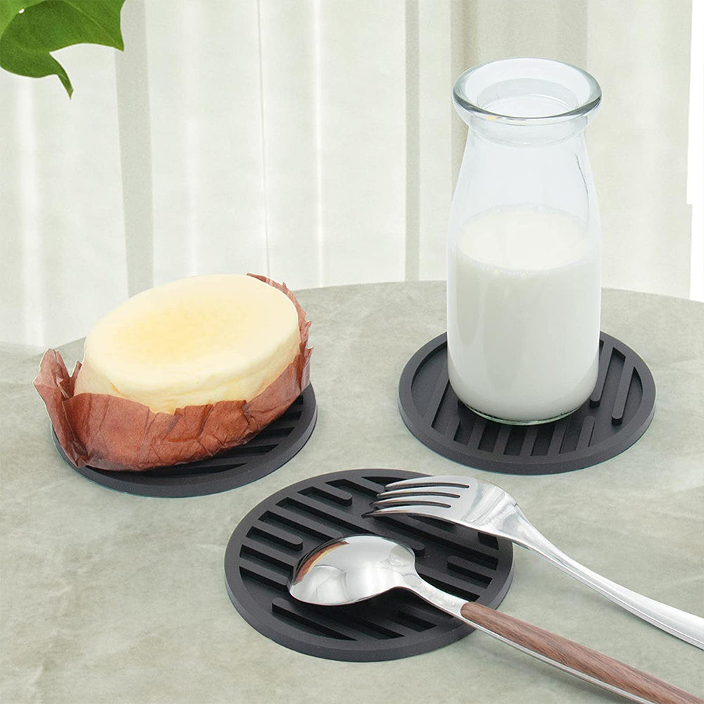 6X Round Silicone Drinks Coasters Coffee Cup Mats Pad with Coaster Holder Grey