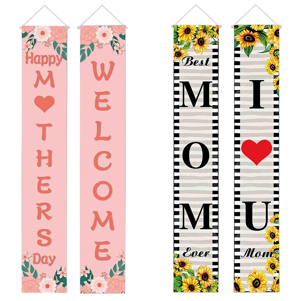 2 Pairs Mothers Day Banner Welcome Porch Sign Banners Sunflower Wall Hanging
