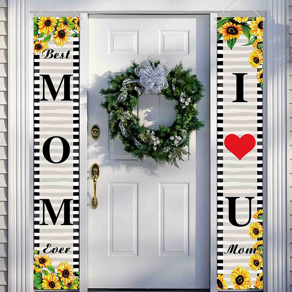 2 Pairs Mothers Day Banner Welcome Porch Sign Banners Sunflower Wall Hanging