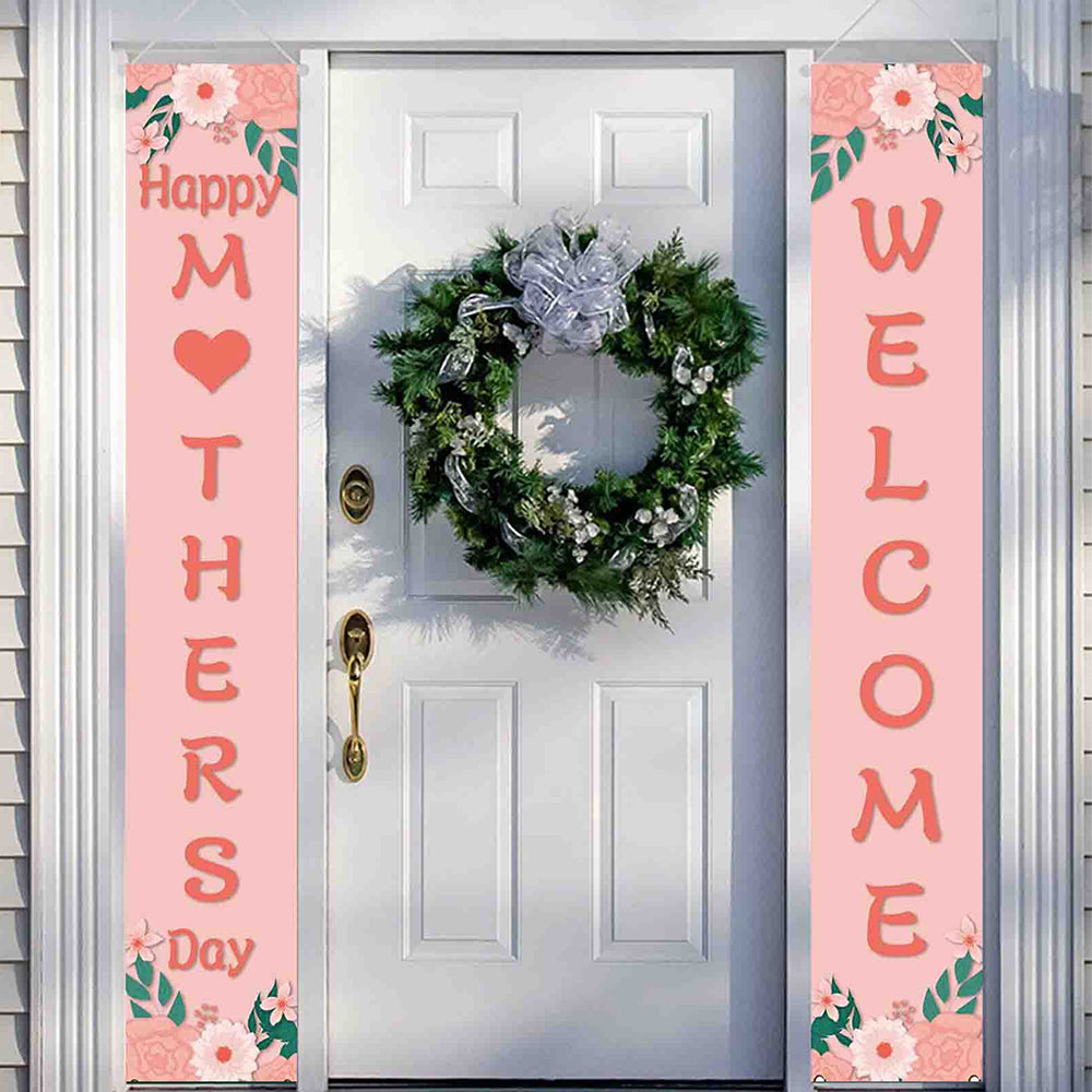 2 Pairs Mothers Day Banner Welcome Porch Sign Banners Sunflower Wall Hanging