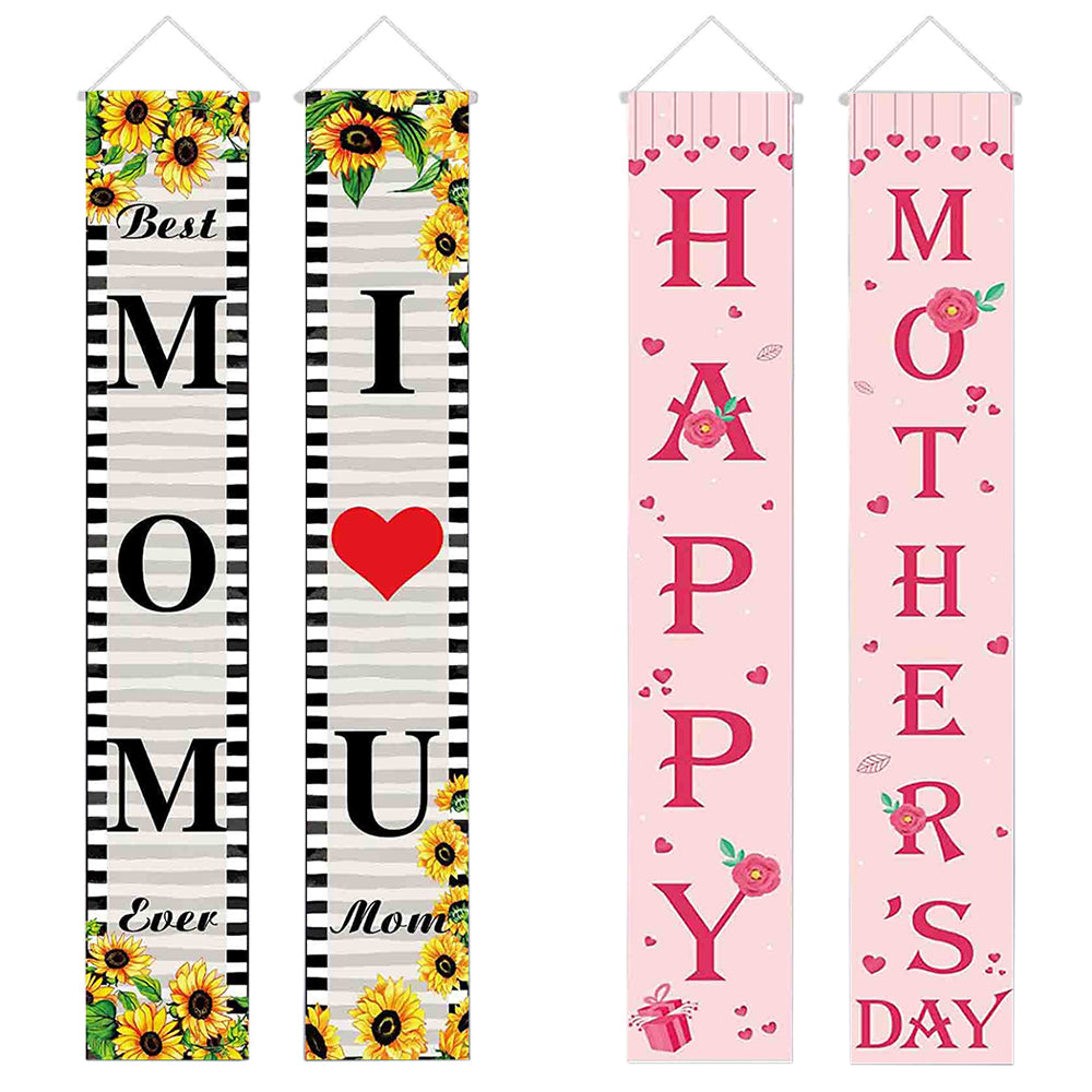 2 Pairs Happy Mothers Day Banner Porch Sign Banners Sunflower Wall Hanging