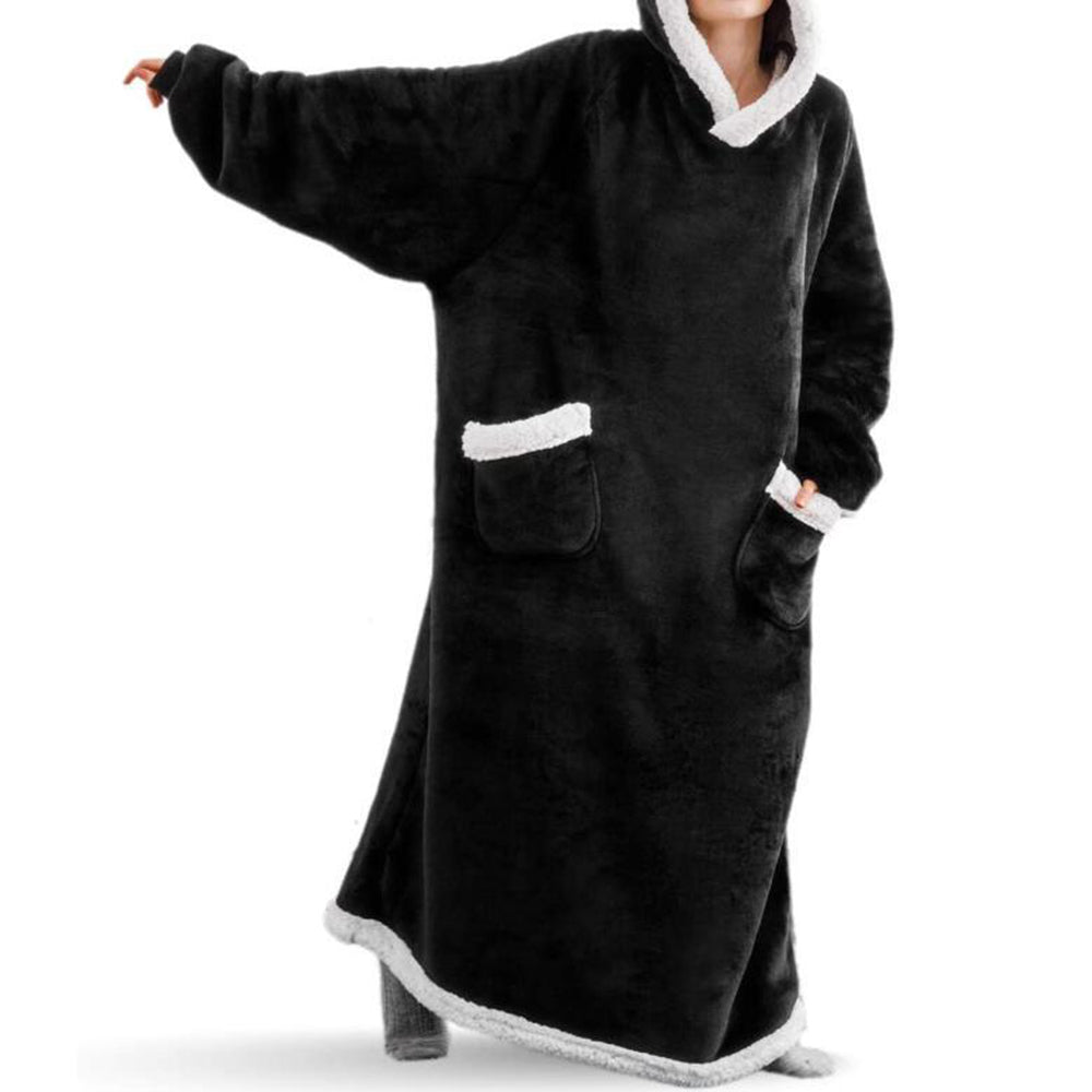 Unisex Sherpa Hoodie Blanket Hooded Oversized Wearable Throw Blanket Black