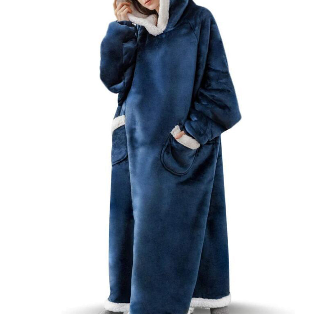Unisex Sherpa Hoodie Blanket Hooded Oversized Wearable Throw Blanket Navy Blue