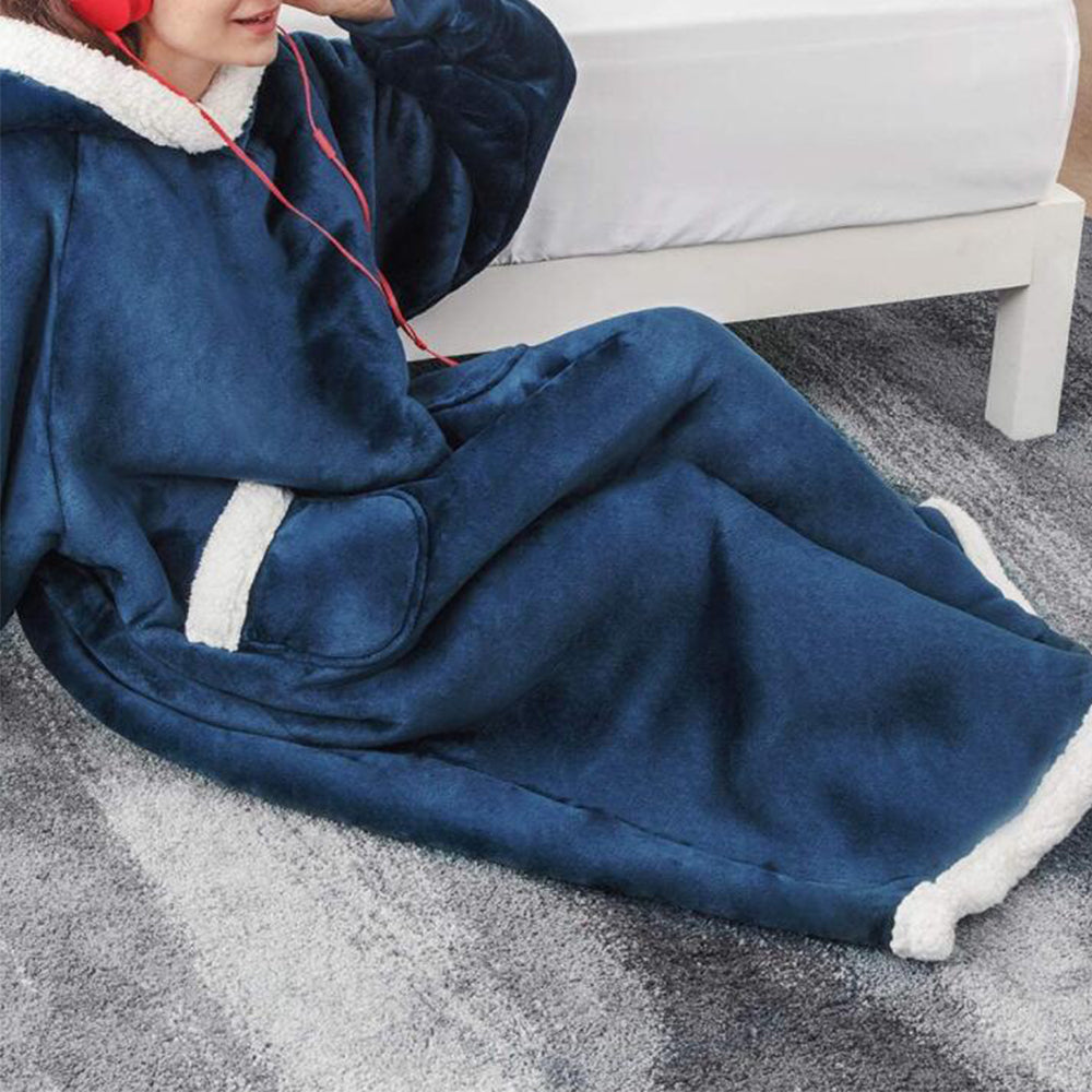 Unisex Sherpa Hoodie Blanket Hooded Oversized Wearable Throw Blanket Navy Blue