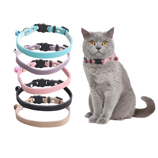 5Pcs Genuine Leather Pet Collar Adjustable Collar with Bell for Cat Puppy