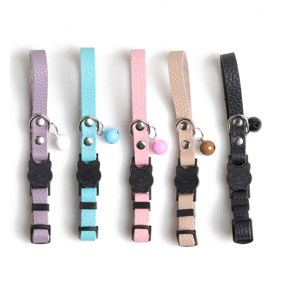 5Pcs Genuine Leather Pet Collar Adjustable Collar with Bell for Cat Puppy