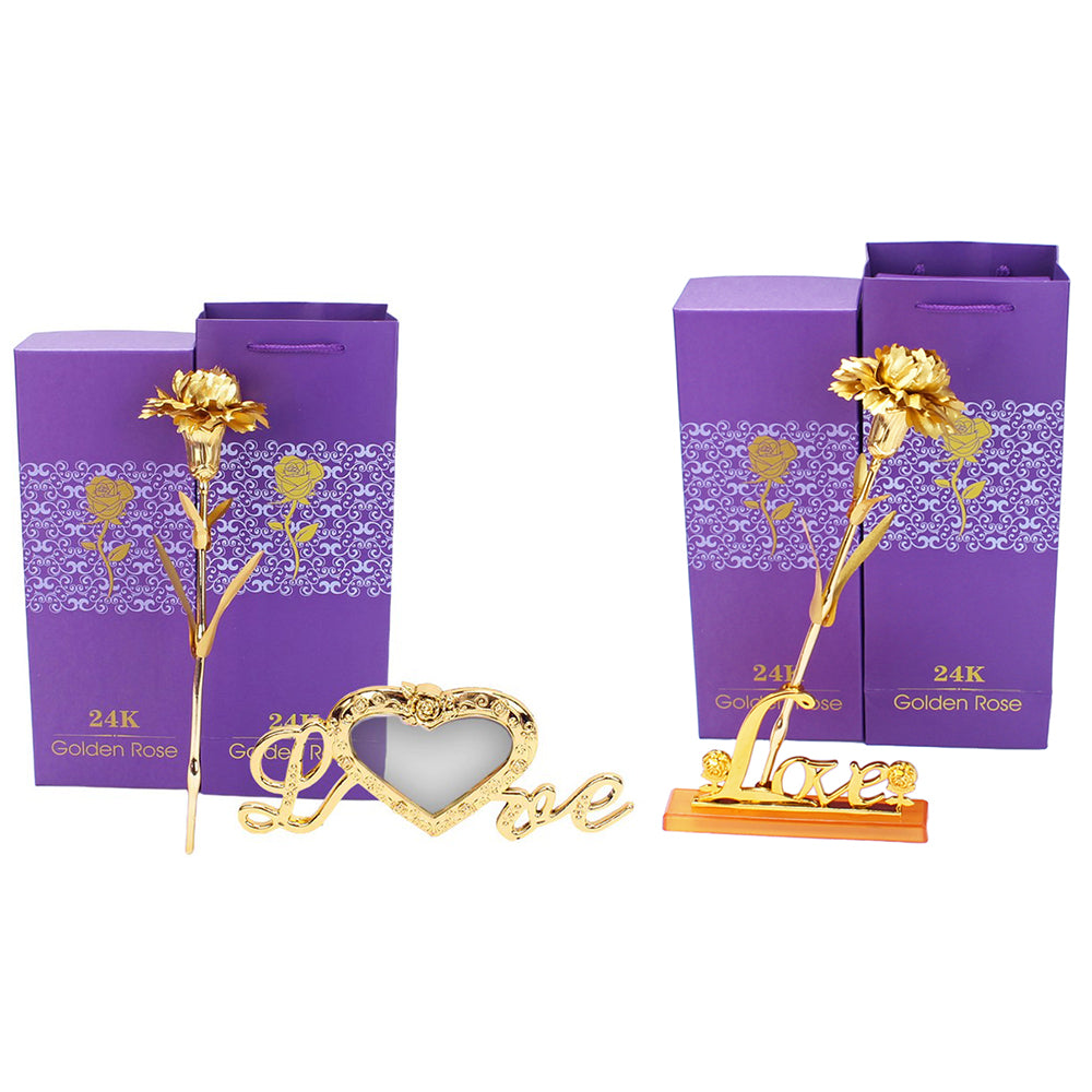 2X Imitation Gold Foil Flower Carnation with Present Box and Base Eternal Flower
