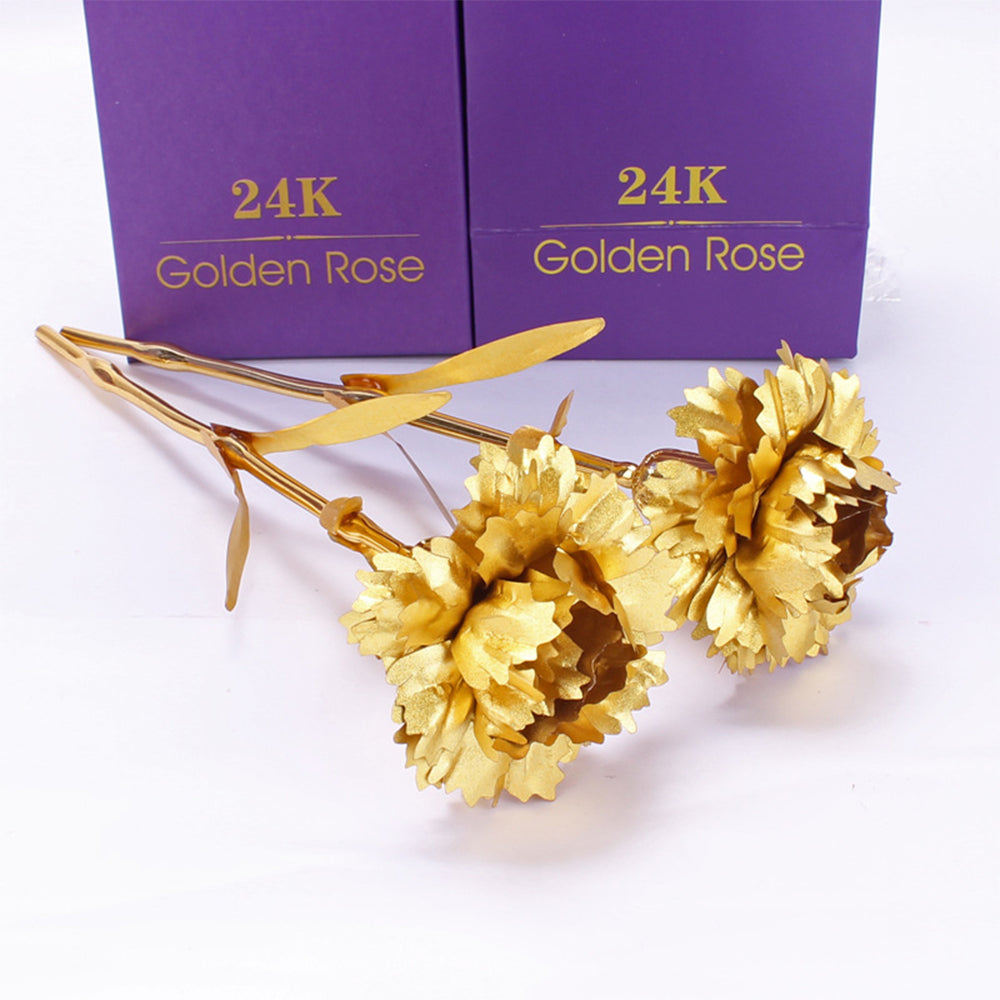 2X Imitation Gold Foil Flower Carnation with Present Box and Base Eternal Flower