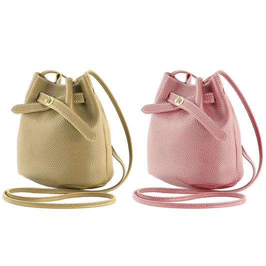 2X Women PU Leather Bucket Crossbody Bag Shoulder Bag Pink Beige
