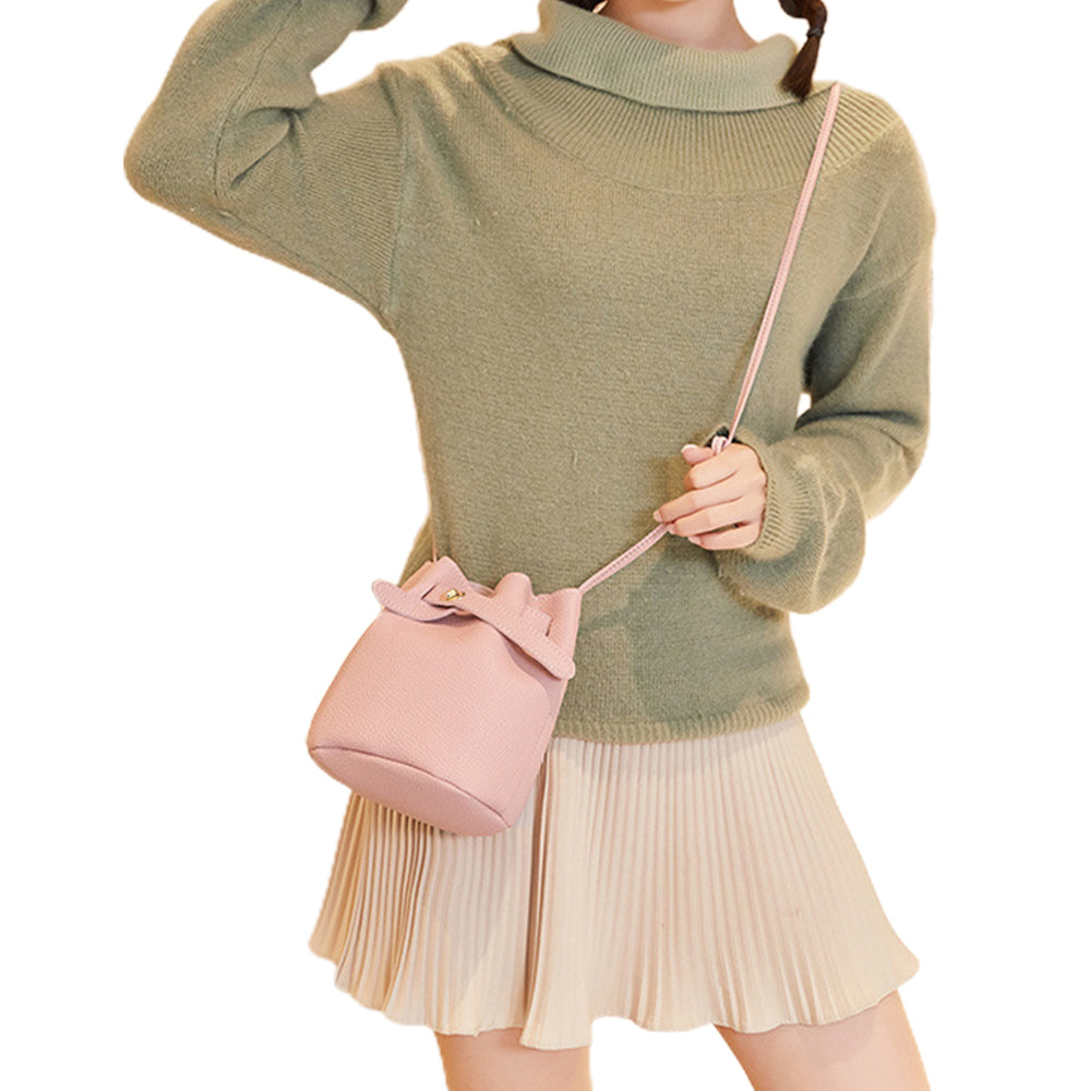 2X Women PU Leather Bucket Crossbody Bag Shoulder Bag Pink Beige