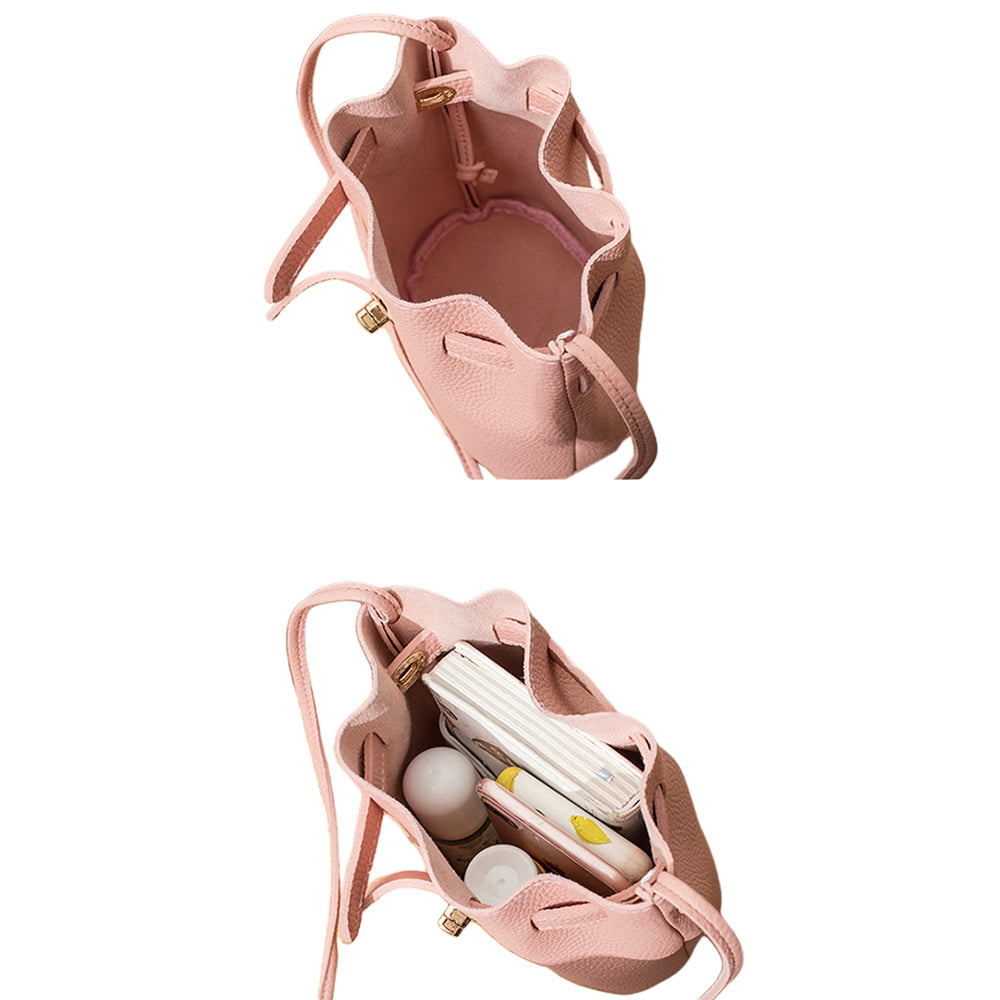 2X Women PU Leather Bucket Crossbody Bag Shoulder Bag Pink Beige