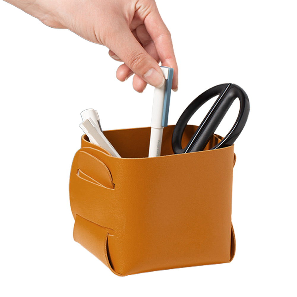 2X Makeup Brush Organizer Desktop Storage Leather Basket Pen Storage Bag Brown