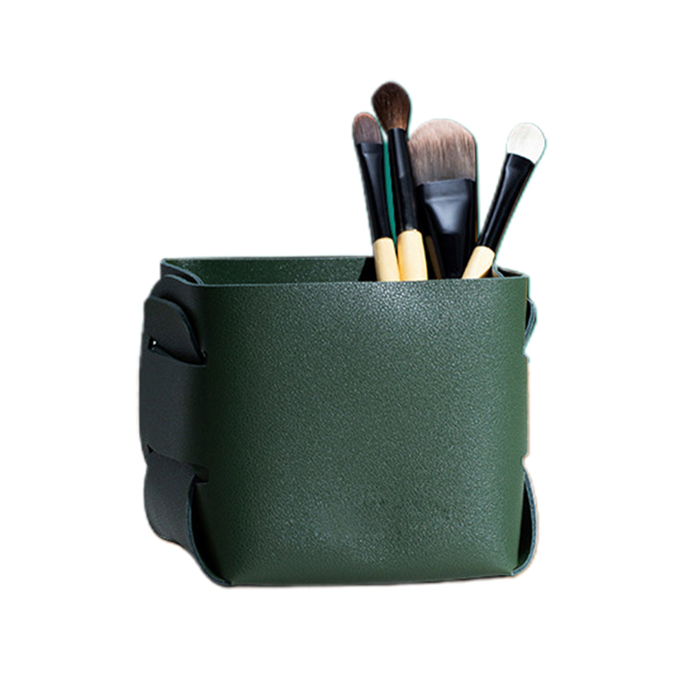 2X Makeup Brush Organizer Desktop Storage Leather Basket Pen Storage Bag Green