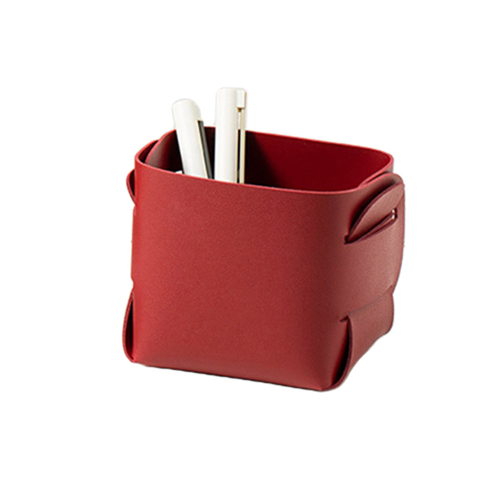 2X Makeup Brush Organizer Desktop Storage Leather Basket Pen Storage Bag Red