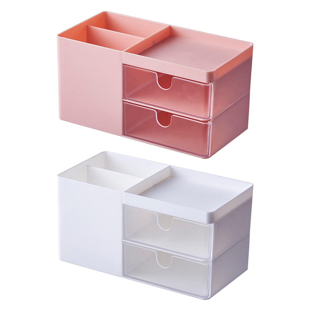 2X Desk Organizer Cosmetic Makeup Storage Box with Drawers White Pink