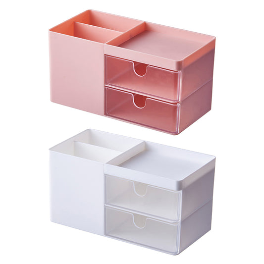 2X Desk Organizer Cosmetic Makeup Storage Box with Drawers White Pink