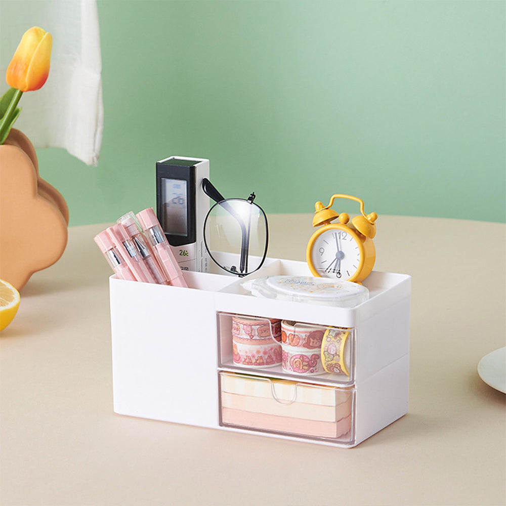 2X Desk Organizer Cosmetic Makeup Storage Box with Drawers White Blue