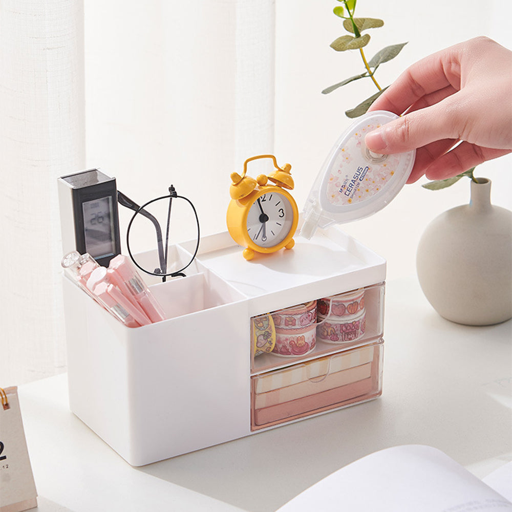 2X Desk Organizer Cosmetic Makeup Storage Box with Drawers White Pink