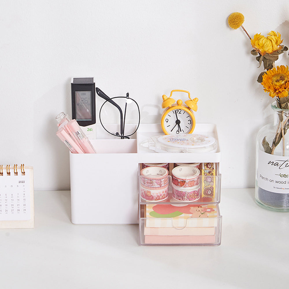 2X Desk Organizer Cosmetic Makeup Storage Box with Drawers White Blue