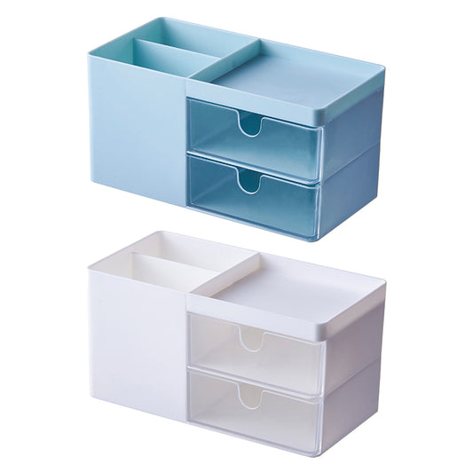 2X Desk Organizer Cosmetic Makeup Storage Box with Drawers White Blue