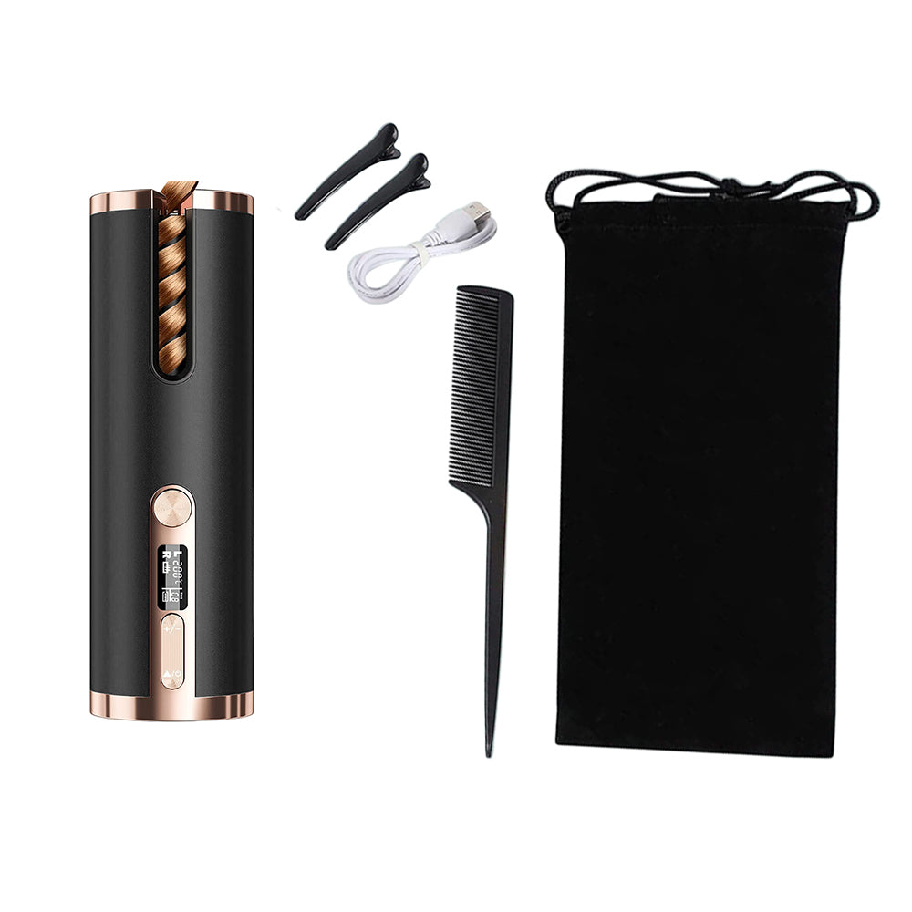 Cordless Hair Curler USB Rechargeable Auto Rotating Hair Curling Tool Black