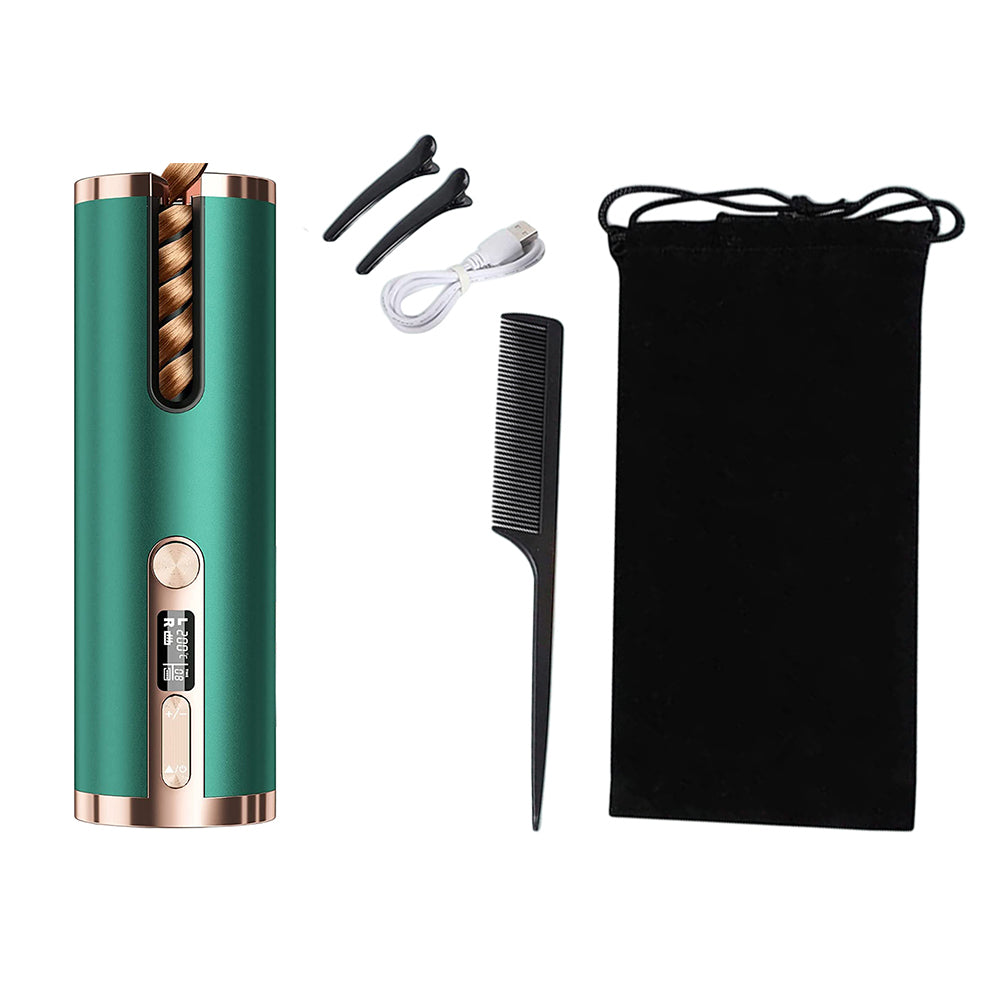 Cordless Hair Curler USB Rechargeable Auto Rotating Hair Curling Tool Green