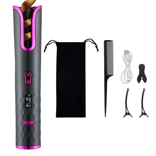 Cordless Hair Curler USB Rechargeable Auto Rotating Hair Curling Tool Grey