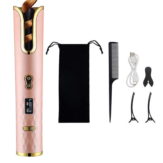 Cordless Hair Curler USB Rechargeable Auto Rotating Hair Curling Tool Pink