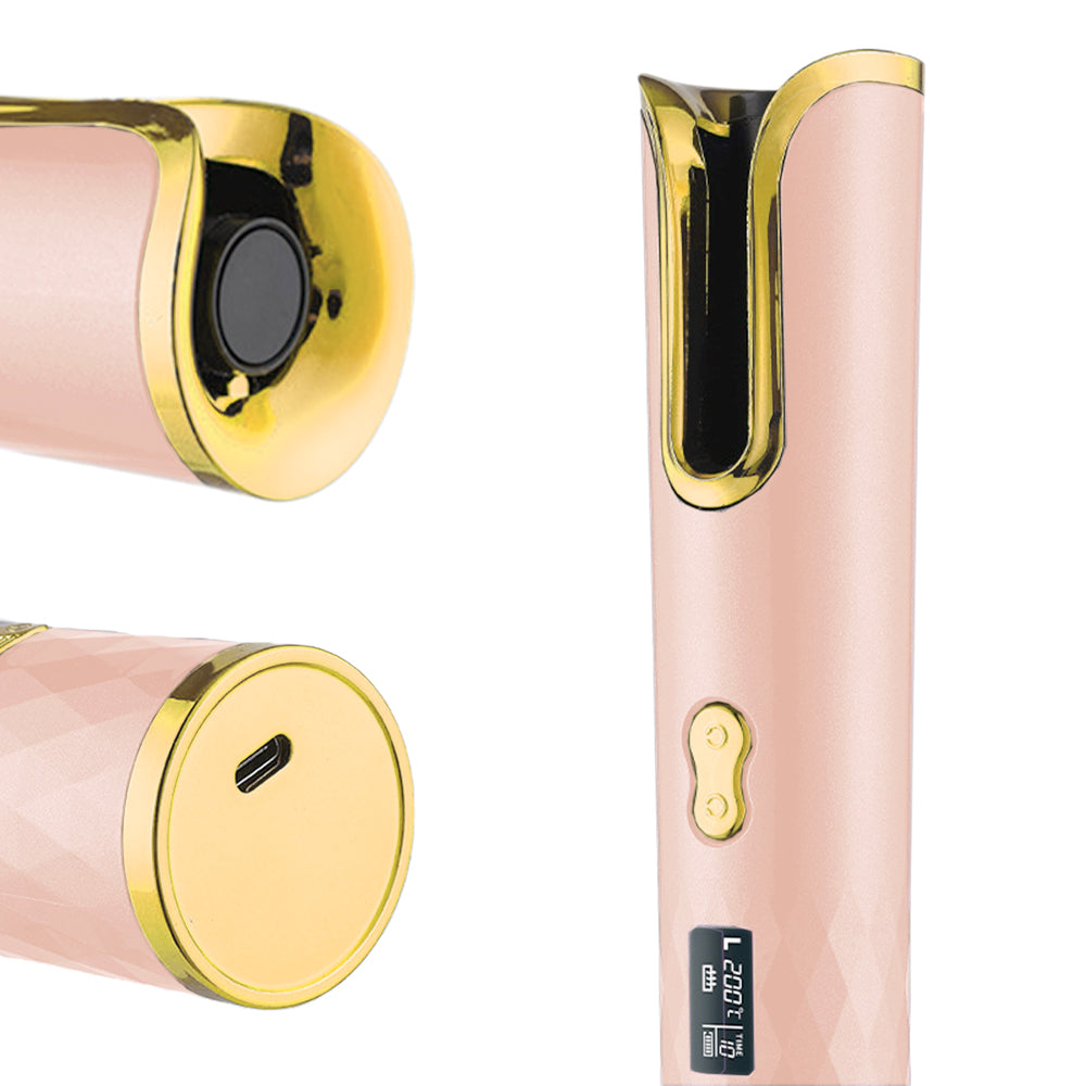 Cordless Hair Curler USB Rechargeable Auto Rotating Hair Curling Tool Pink