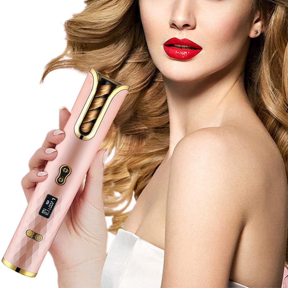 Cordless Hair Curler USB Rechargeable Auto Rotating Hair Curling Tool Pink