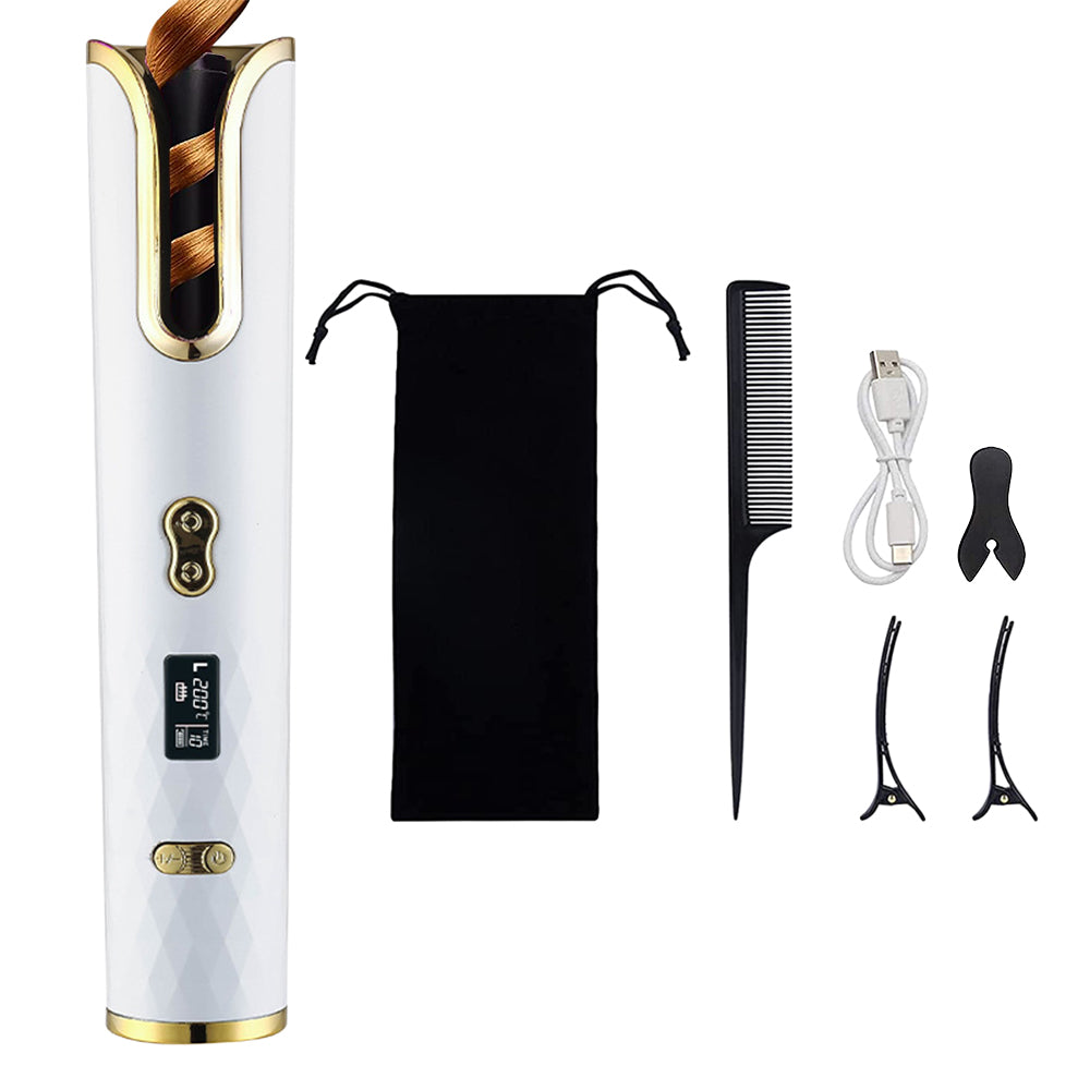 Cordless Hair Curler USB Rechargeable Auto Rotating Hair Curling Tool White