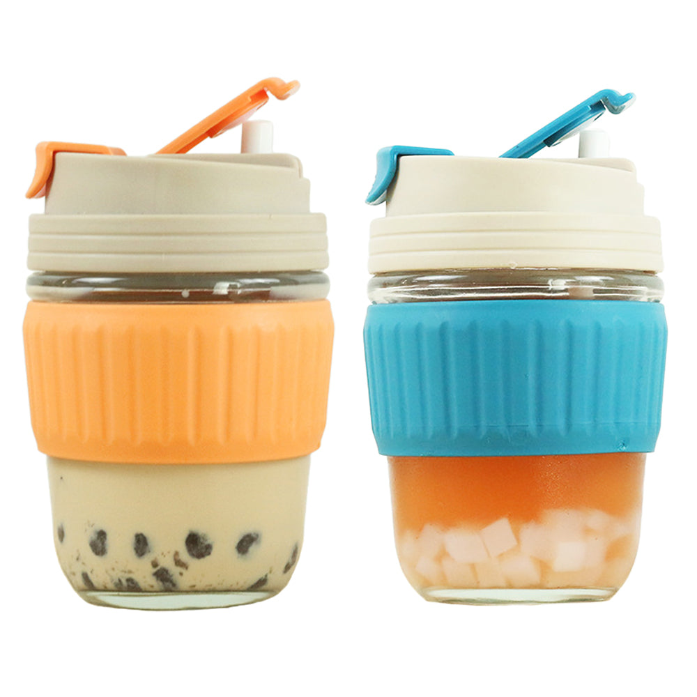 2Pcs 350ml Glass Straw Cups with Silicone Protective Sleeve Orange Blue