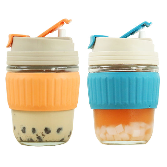 2Pcs 350ml Glass Straw Cups with Silicone Protective Sleeve Orange Blue