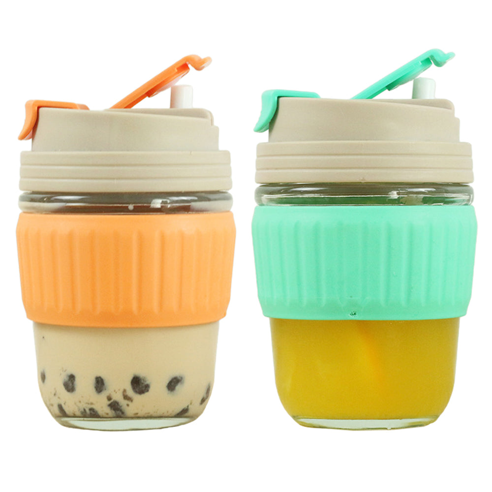 2Pcs 350ml Glass Straw Cups with Silicone Protective Sleeve Orange Green