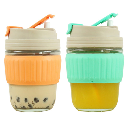 2Pcs 350ml Glass Straw Cups with Silicone Protective Sleeve Orange Green