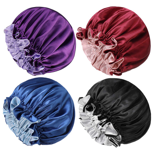 4Pcs Solid Color Women Satin Sleeping Cap Wrap Hair Bonnet Elastic Headwear