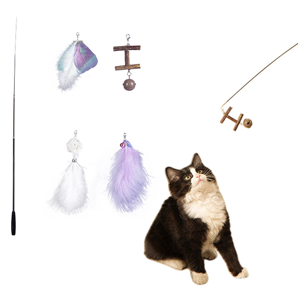 Retractable Cat Interactive Toy Fishing Pole Kitten Teaser Wand with 4 Heads