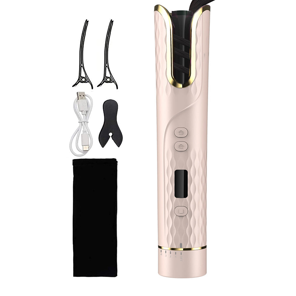 Cordless Hair Curler USB Rechargeable Auto Rotating Hair Curling Tool Pink
