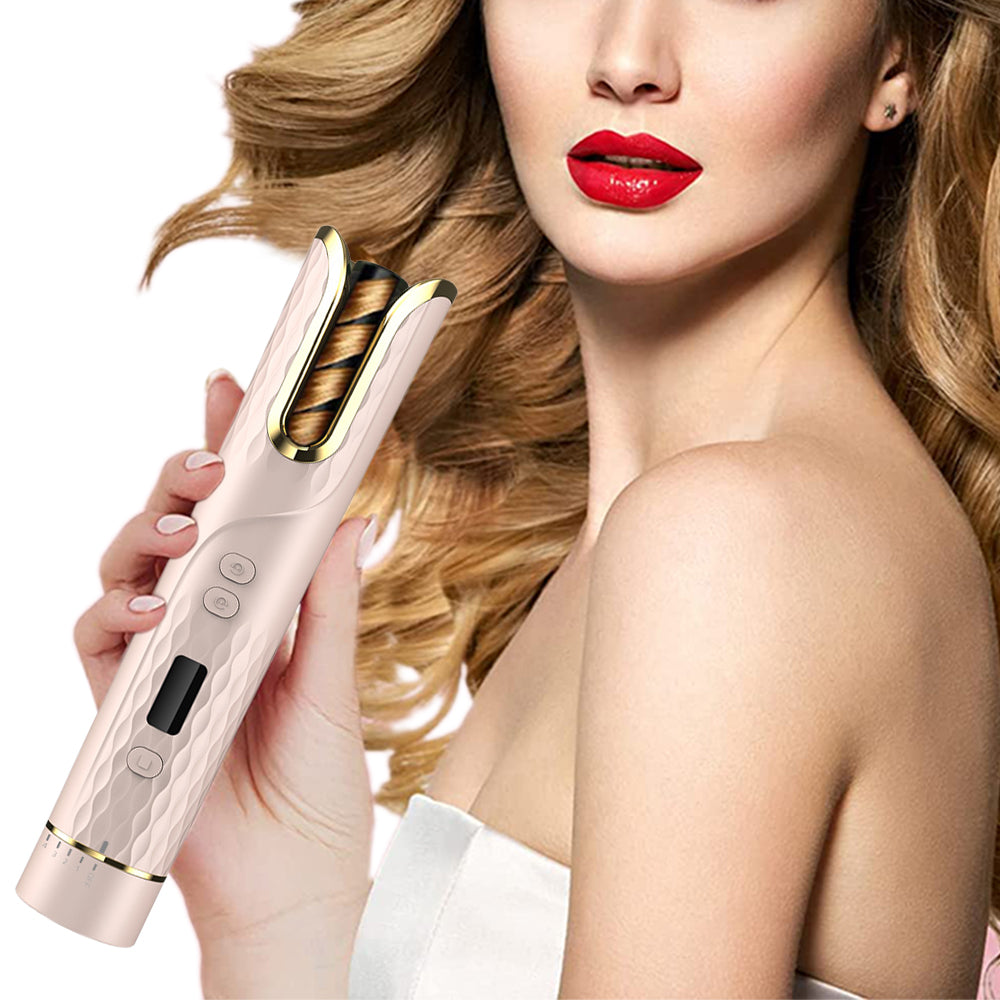 Cordless Hair Curler USB Rechargeable Auto Rotating Hair Curling Tool Pink