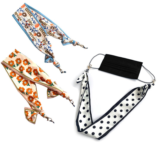 3Pcs Bohemian Silk Scarf Mask Hanging Lanyard Boho Glasses Chain Flower Print