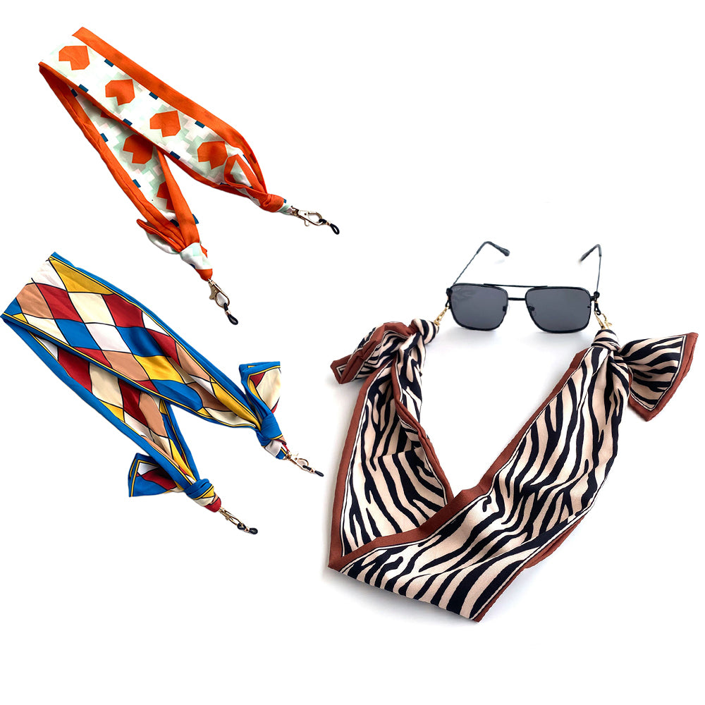 3Pcs Bohemian Silk Scarf Mask Hanging Lanyard Boho Glasses Chain Rhombus Print