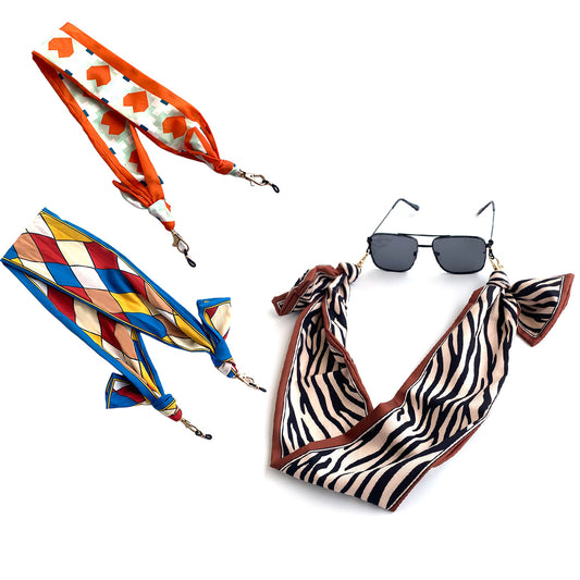 3Pcs Bohemian Silk Scarf Mask Hanging Lanyard Boho Glasses Chain Rhombus Print