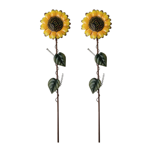 2Pcs Shaking Head Sunflower Garden Statues Metal Yard Stakes Flower Bed Decor