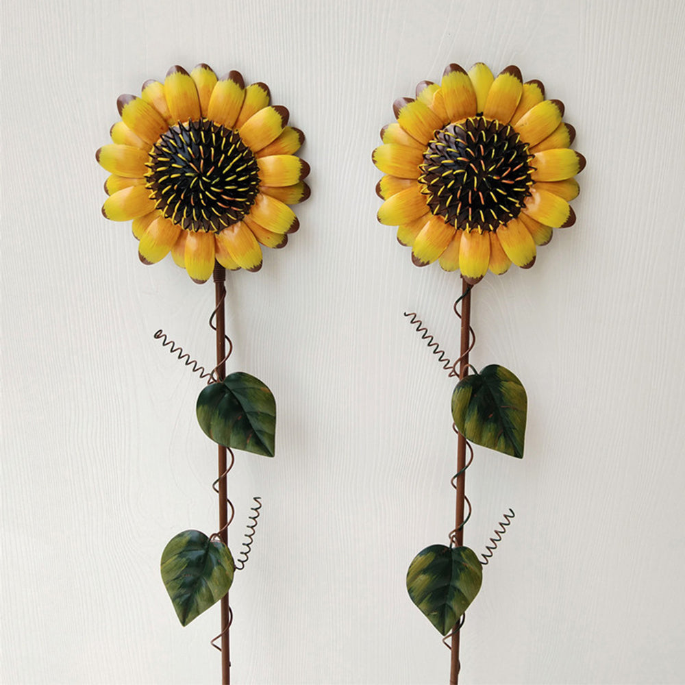 2Pcs Shaking Head Sunflower Garden Statues Metal Yard Stakes Flower Bed Decor